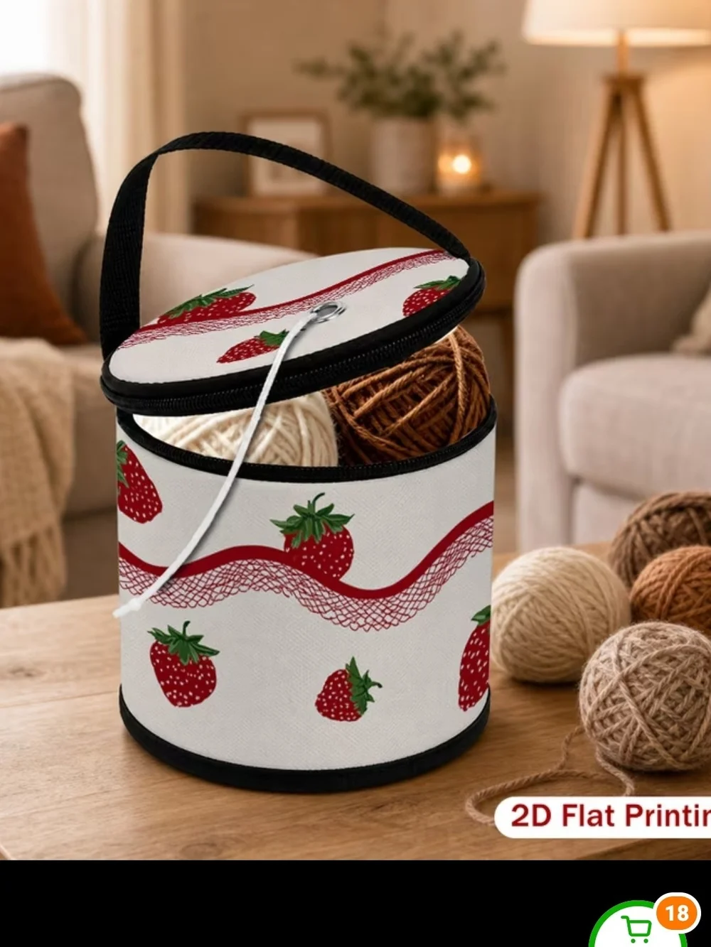 Strawberry Print Round Craft Storage Bag with Handle - Cream & Red